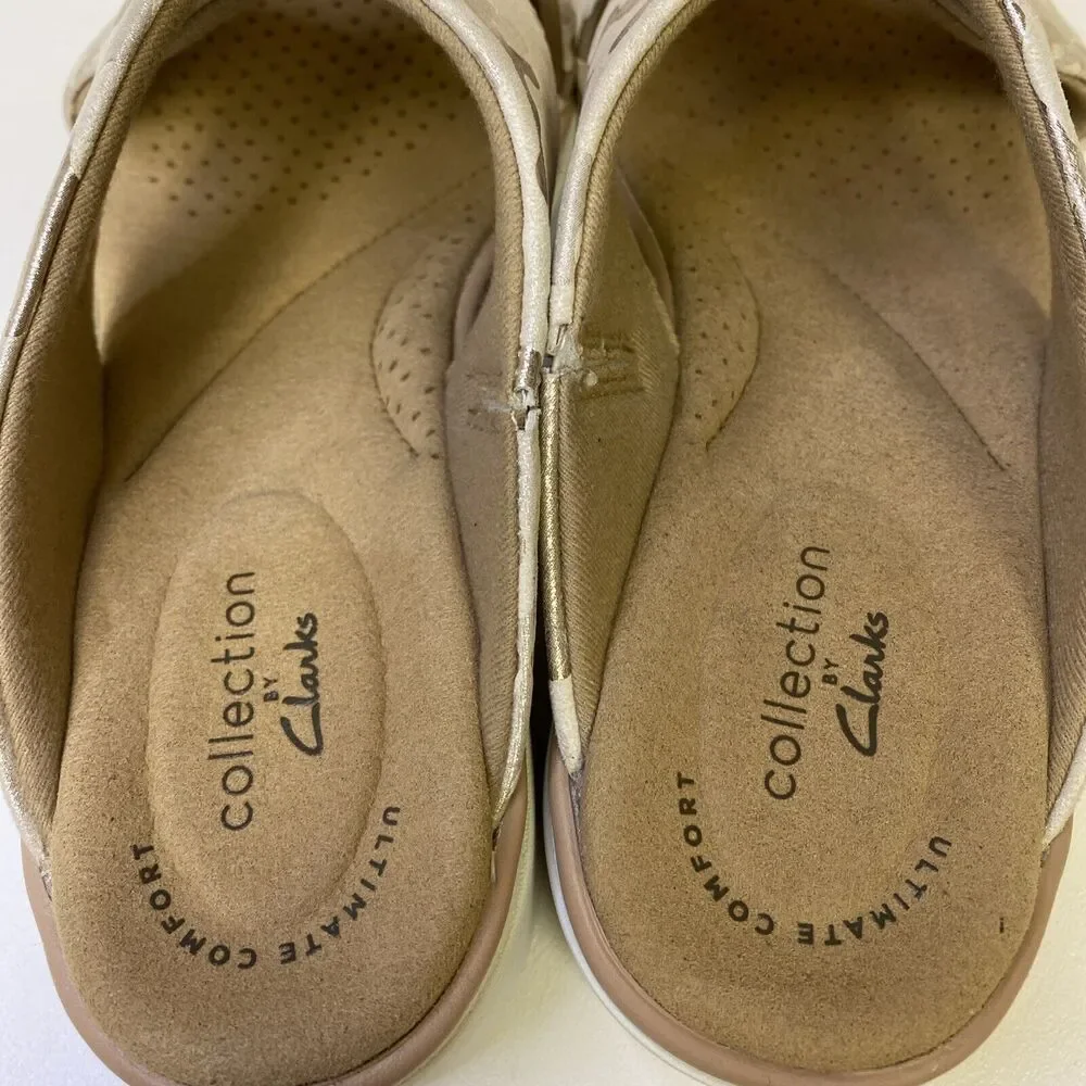 Clarks Collection Jillian Wedge Slides Criss Cross Sandals Tan Gold Camo Size 6